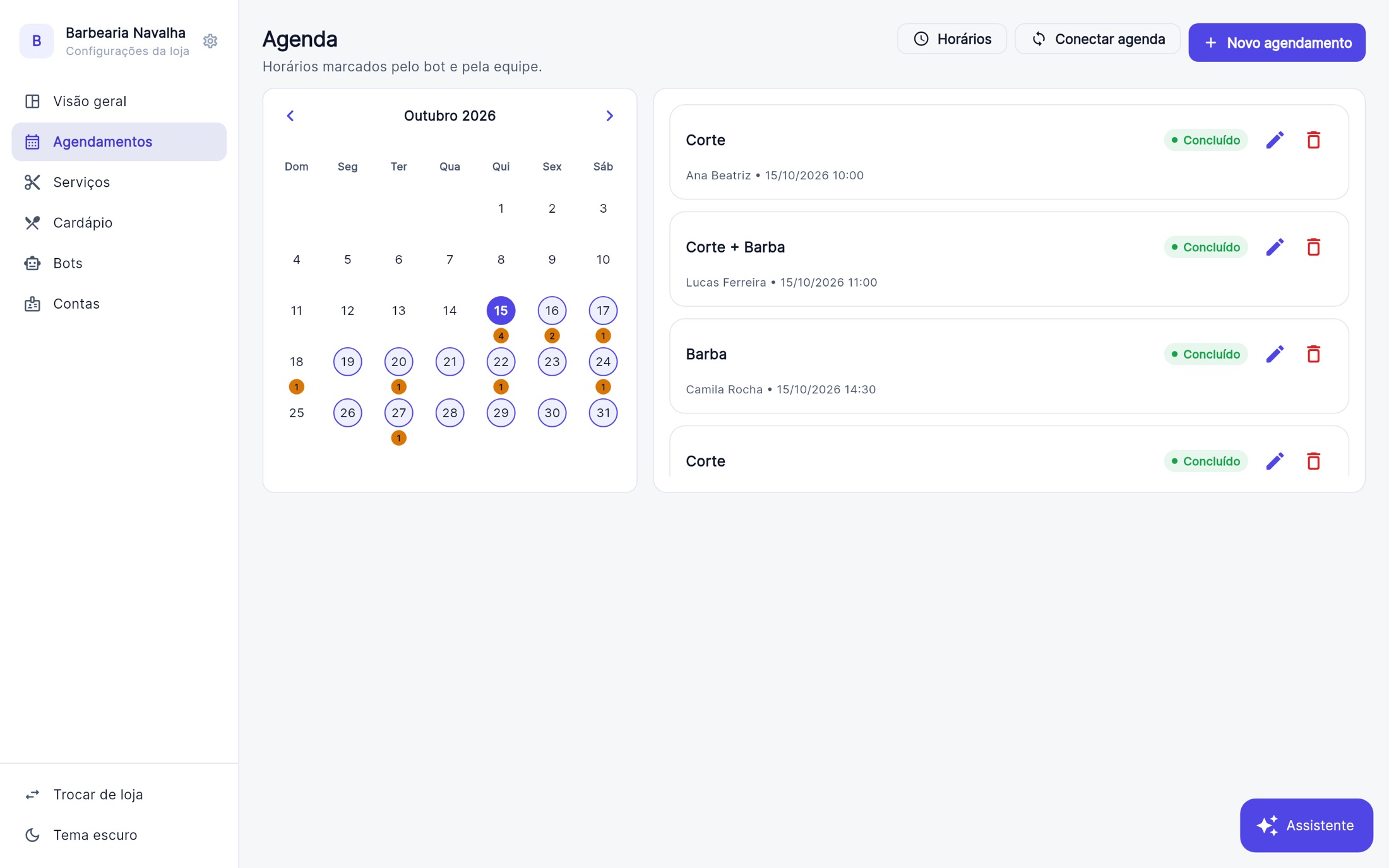 Agenda do Orano com calendário mensal e agendamentos do dia