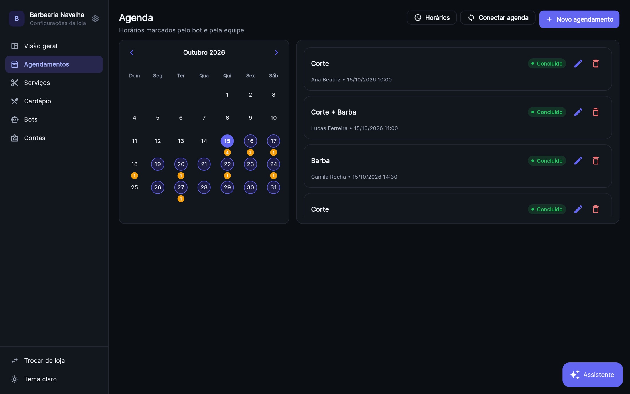 Agenda do Orano com calendário mensal e agendamentos do dia
