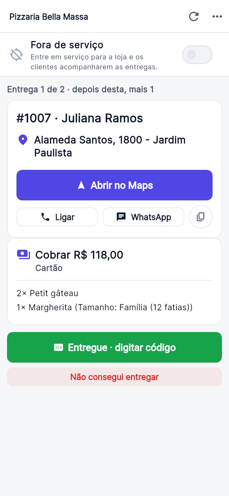 App Orano no modo entregador