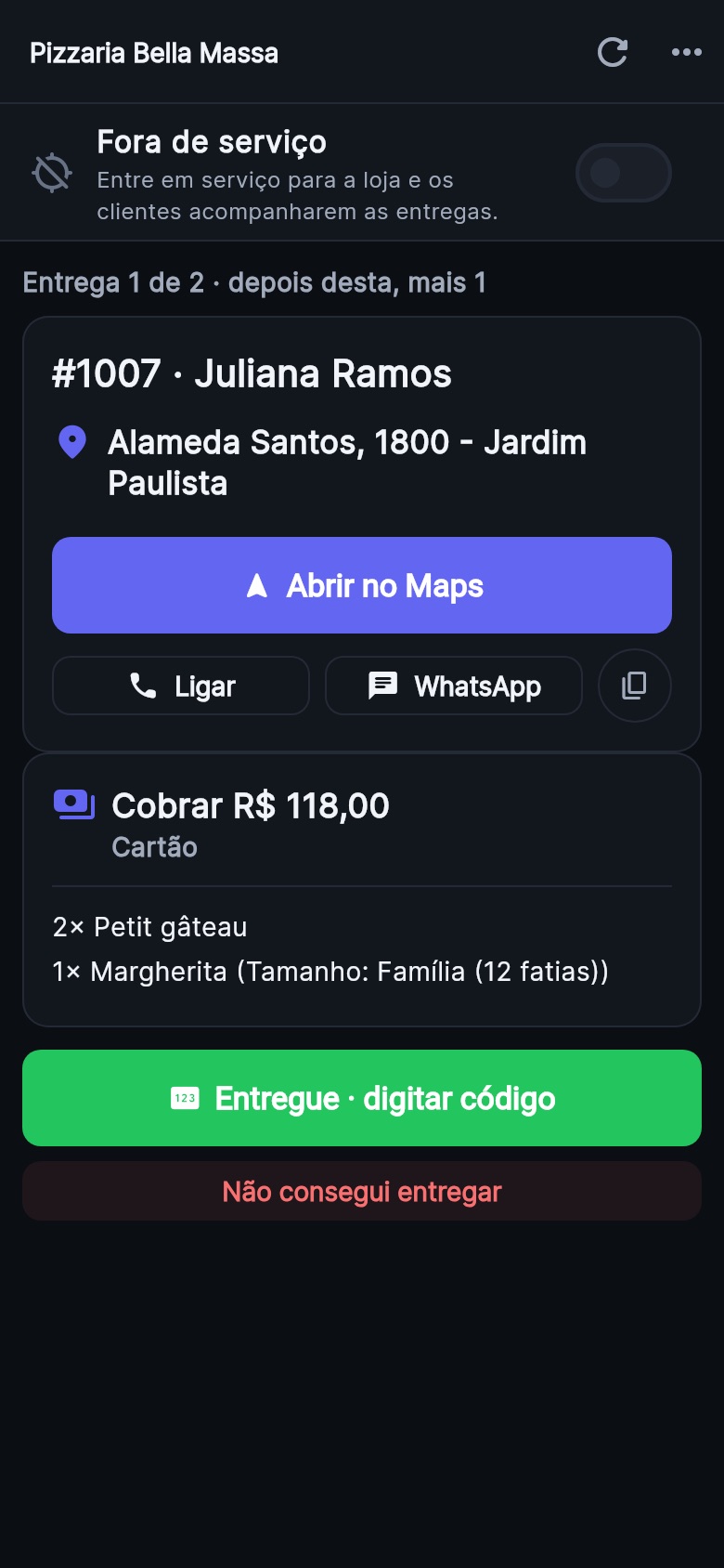App Orano no modo entregador