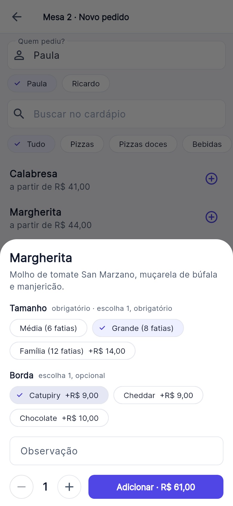 App Orano no modo garçom: anotando o pedido da mesa 2, escolhendo tamanho e borda da pizza