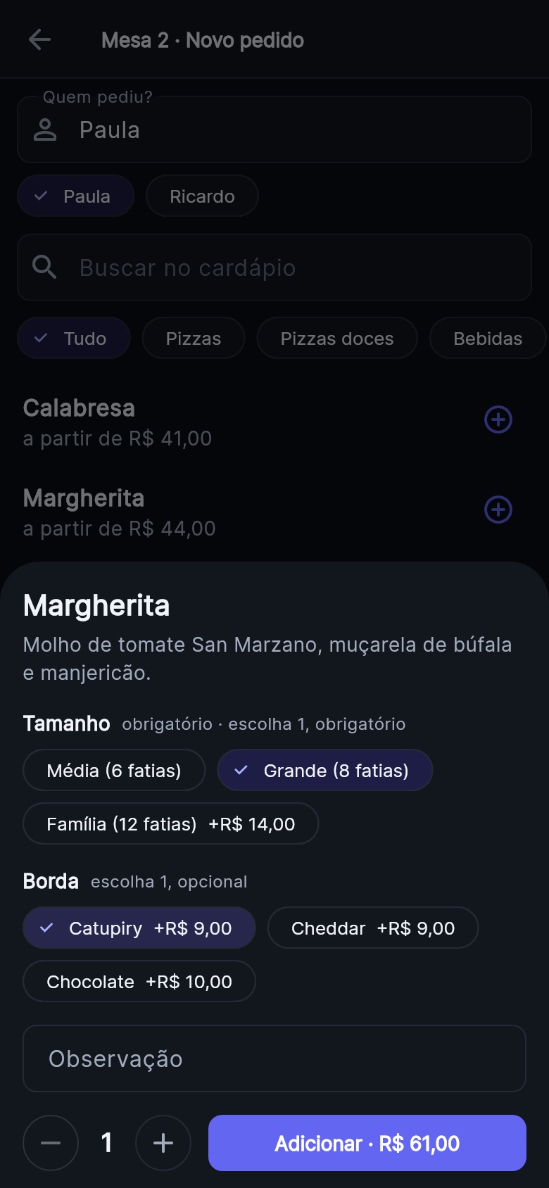 App Orano no modo garçom: anotando o pedido da mesa 2, escolhendo tamanho e borda da pizza