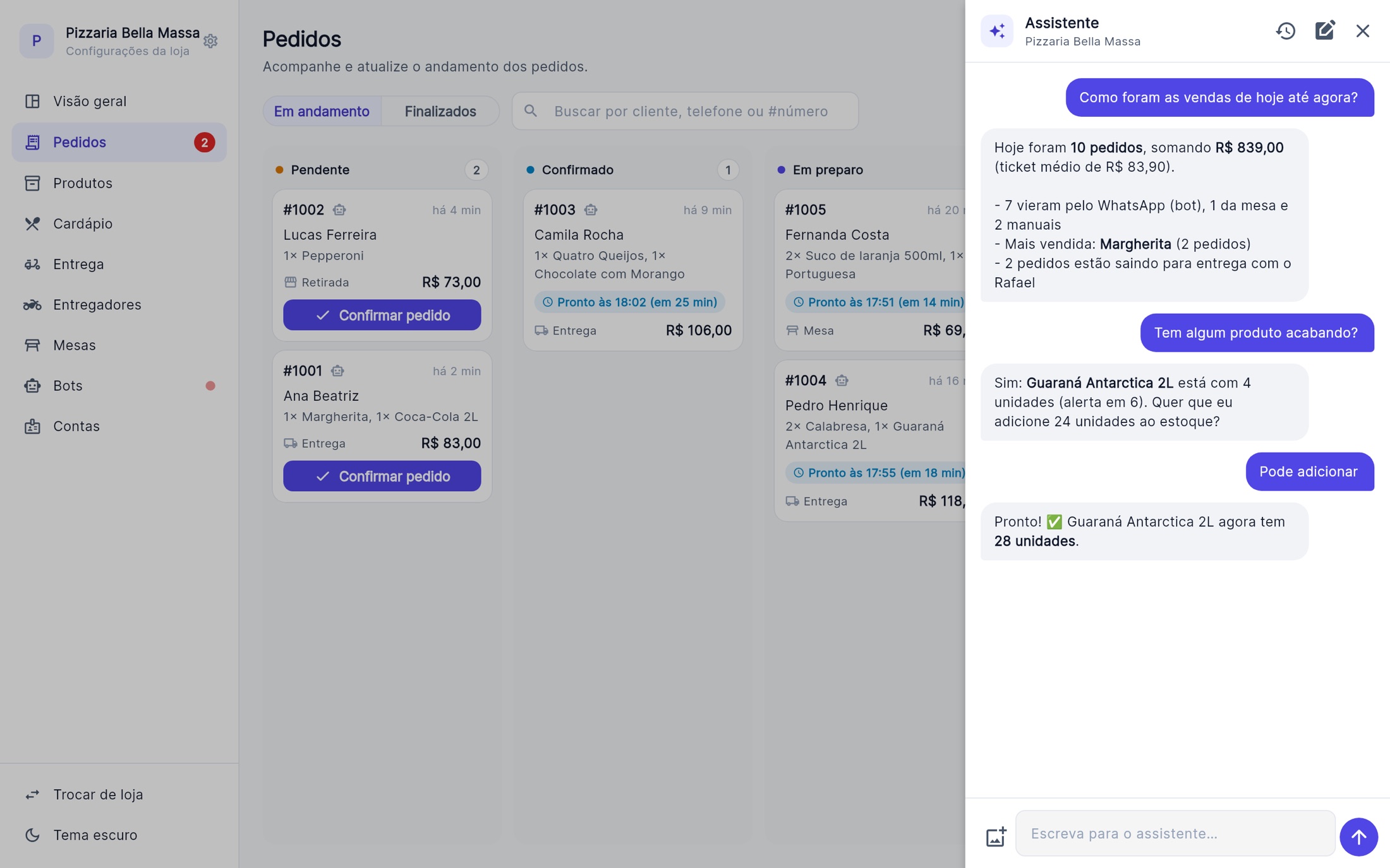 Assistente do Orano respondendo sobre vendas do dia e ajustando estoque