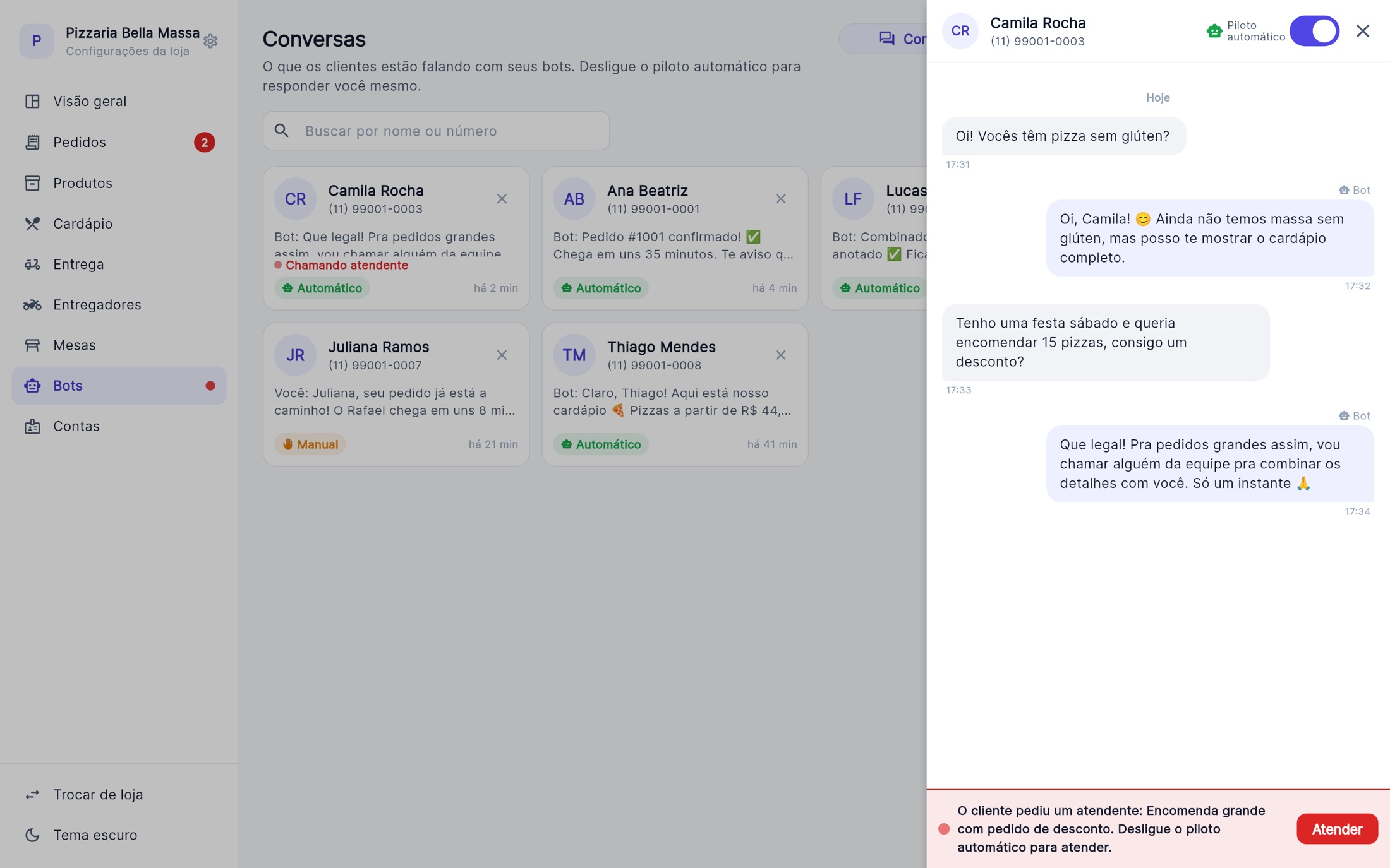Conversa no painel com aviso: o cliente pediu um atendente, com botão Atender