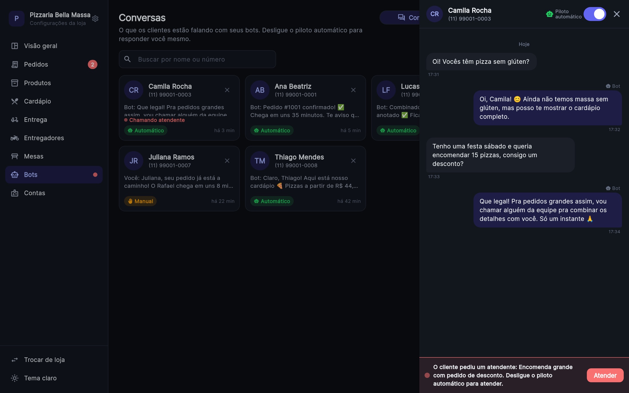 Conversa no painel com aviso: o cliente pediu um atendente, com botão Atender