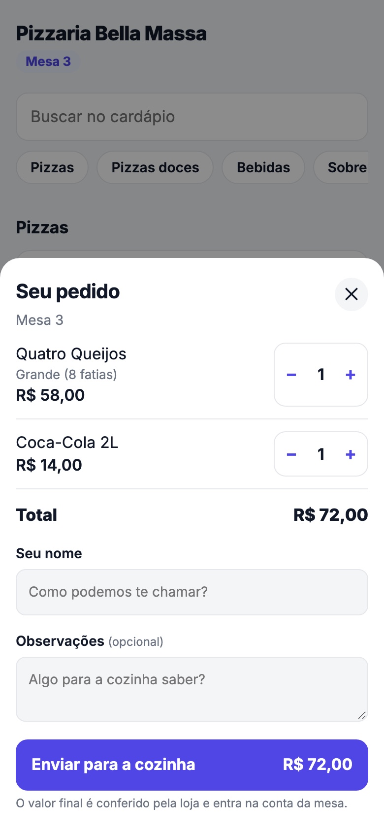 Pedido pela mesa no celular do cliente: itens escolhidos e botão Enviar para a cozinha