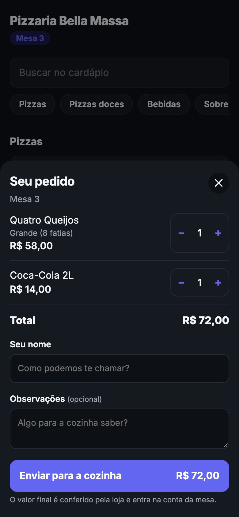 Pedido pela mesa no celular do cliente: itens escolhidos e botão Enviar para a cozinha