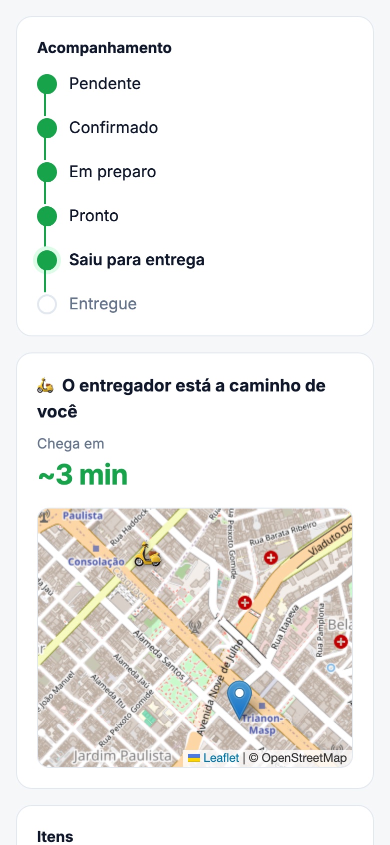 Página de acompanhamento do pedido: linha do tempo, previsão de chegada e entregador no mapa