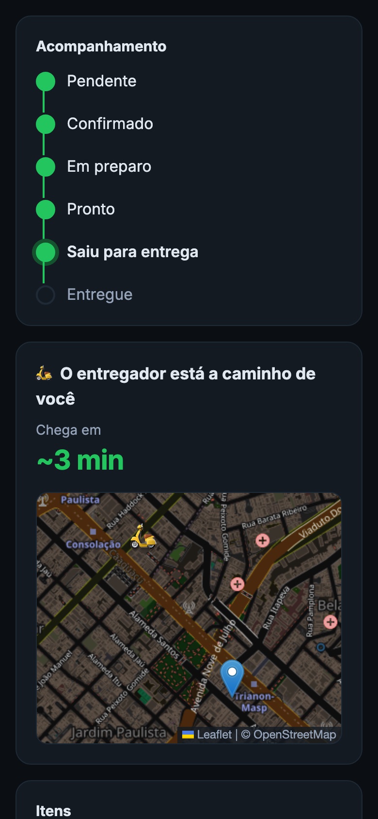 Página de acompanhamento do pedido: linha do tempo, previsão de chegada e entregador no mapa