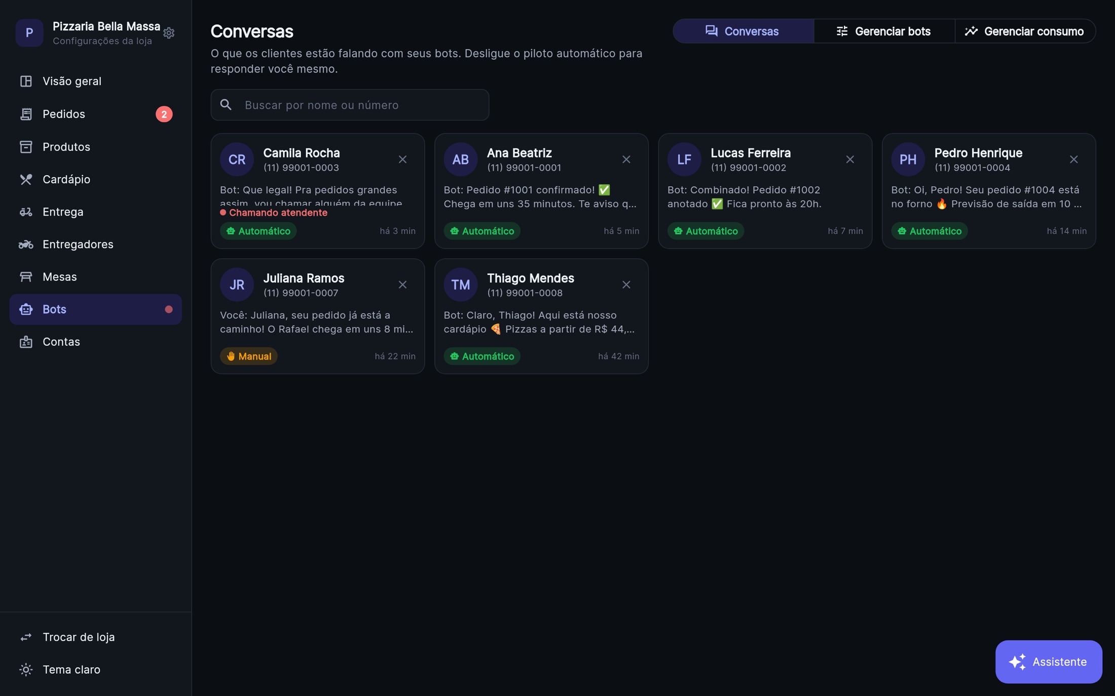 Caixa de conversas do Orano com cada cliente, status automático ou manual e um chamado de atendente aberto