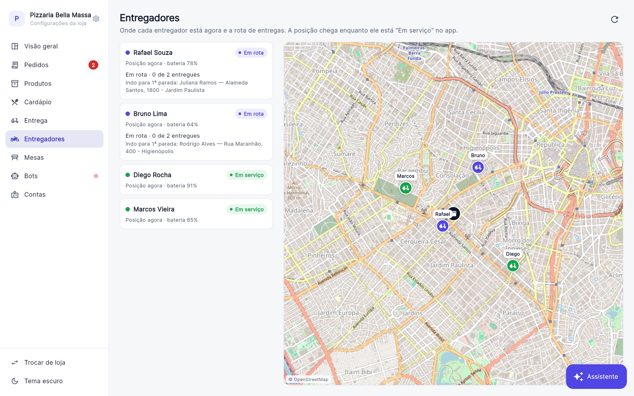 Mapa com entregadores em tempo real e a rota de entregas