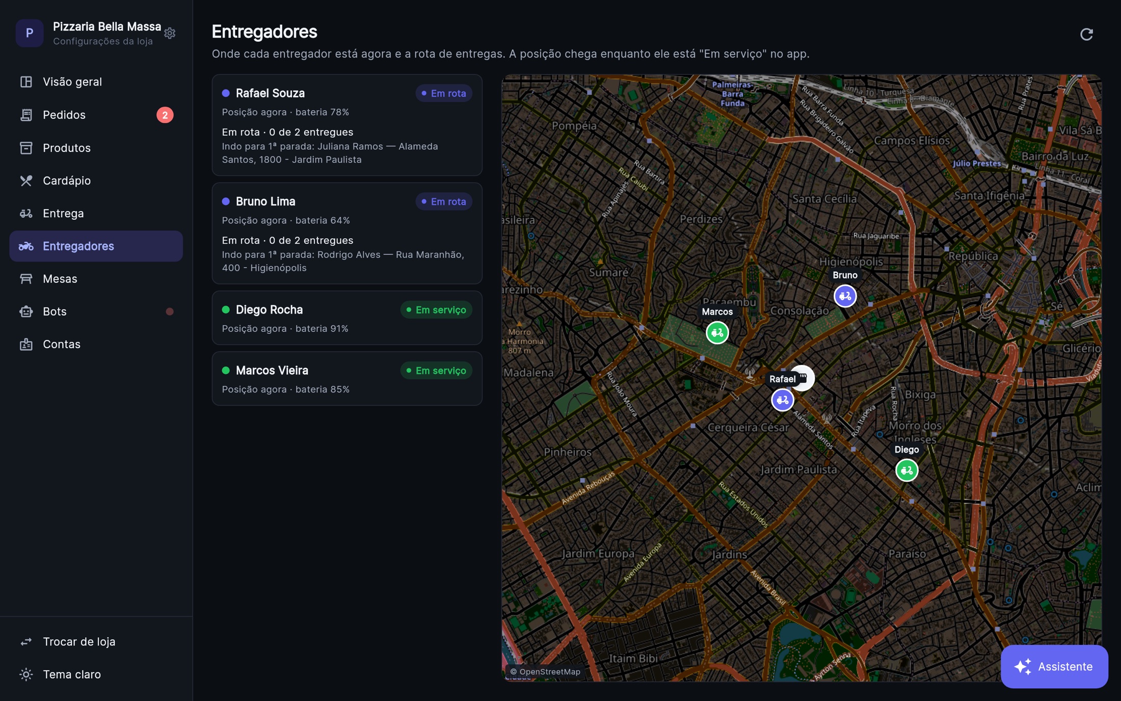 Mapa com entregadores em tempo real e a rota de entregas